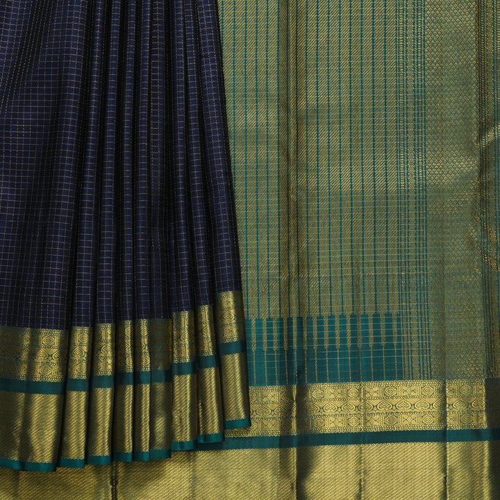 Hayagrivas Handloom Navy Blue Kanjivaram Silk Saree with Peacock Green Border KBF652G5-3