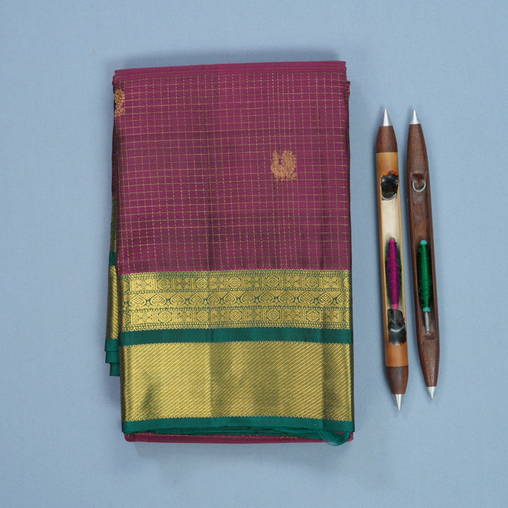 Hayagrivas Handloom Wine Purple Kanjivaram Silk Saree with Emerald Green Border KBF652G5-7