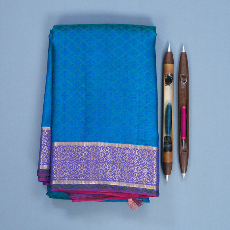 Hayagrivas Handloom Blue Kanjivaram Silk Saree with Purple Border KBF653G6-1