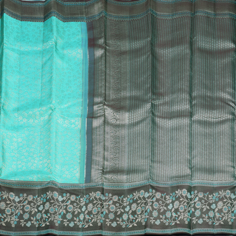 Hayagrivas Handloom Sky Blue Kanjivaram Silk Saree with Deep Plum Purple Border KBF653G9-1