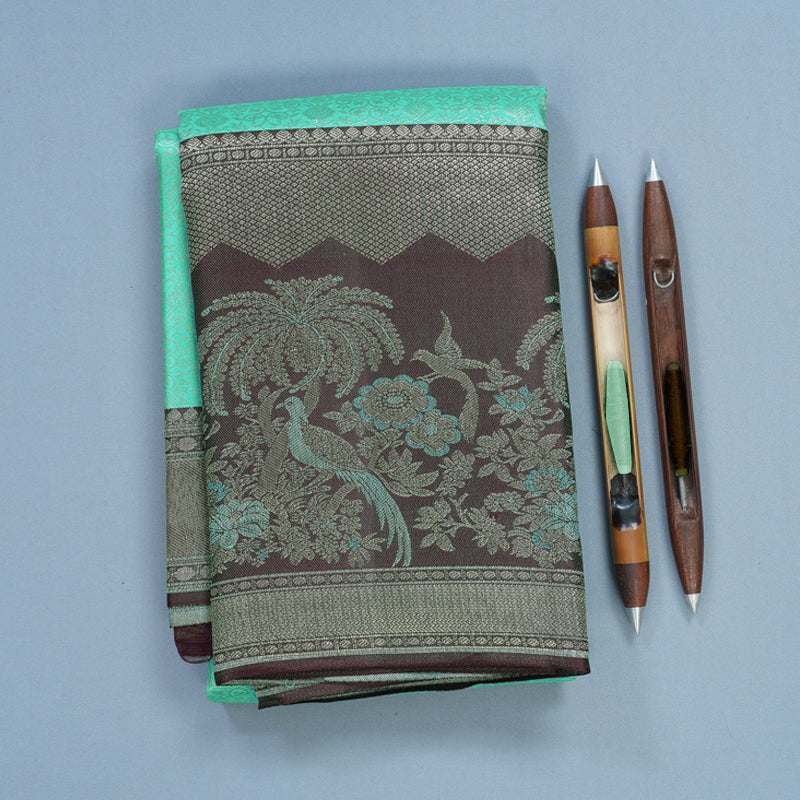 Hayagrivas Handloom Sea Blue Kanjivaram Silk Saree with Deep Plum Purple Border KBF653G9-11