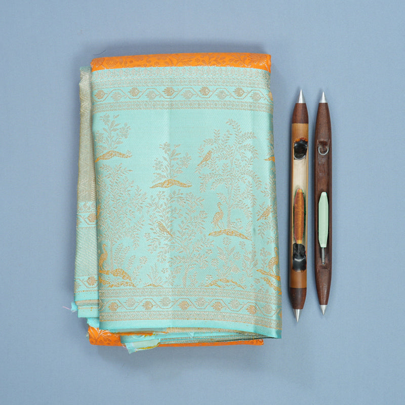 Hayagrivas Handloom Orange Kanjivaram Silk Saree with Powder Blue Border KBF653G9-5