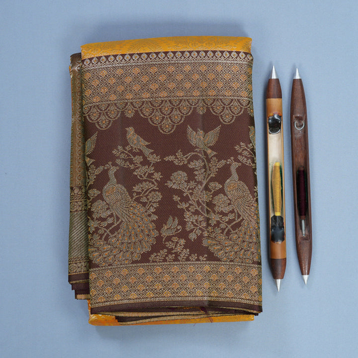 Hayagrivas Handloom Turmeric Yellow Kanjivaram Silk Saree with Deep Plum Purple Border KBF653G9-8