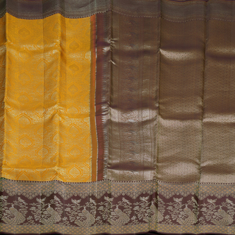Hayagrivas Handloom Turmeric Yellow Kanjivaram Silk Saree with Deep Plum Purple Border KBF653G9-8