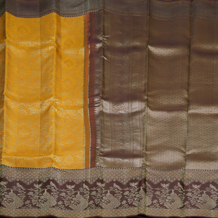 Hayagrivas Handloom Turmeric Yellow Kanjivaram Silk Saree with Deep Plum Purple Border KBF653G9-8