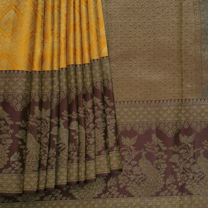Hayagrivas Handloom Turmeric Yellow Kanjivaram Silk Saree with Deep Plum Purple Border KBF653G9-8