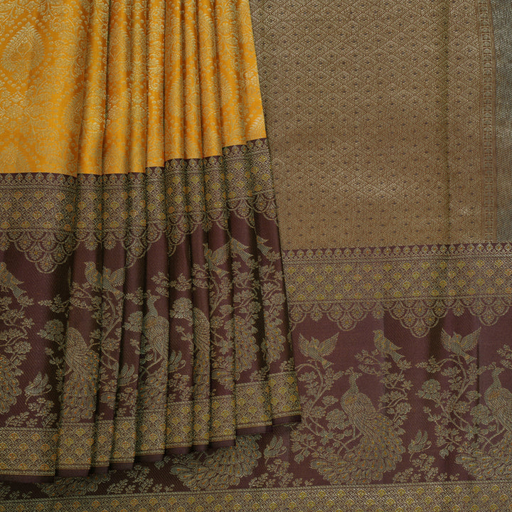 Hayagrivas Handloom Turmeric Yellow Kanjivaram Silk Saree with Deep Plum Purple Border KBF653G9-8
