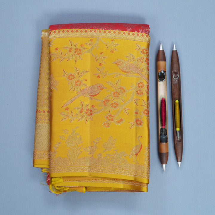 Hayagrivas Handloom Red Kanjivaram Silk Saree with Mustard Yellow Border KBF653G9-9