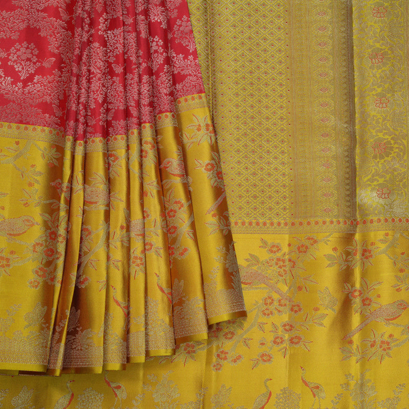 Hayagrivas Handloom Red Kanjivaram Silk Saree with Mustard Yellow Border KBF653G9-9