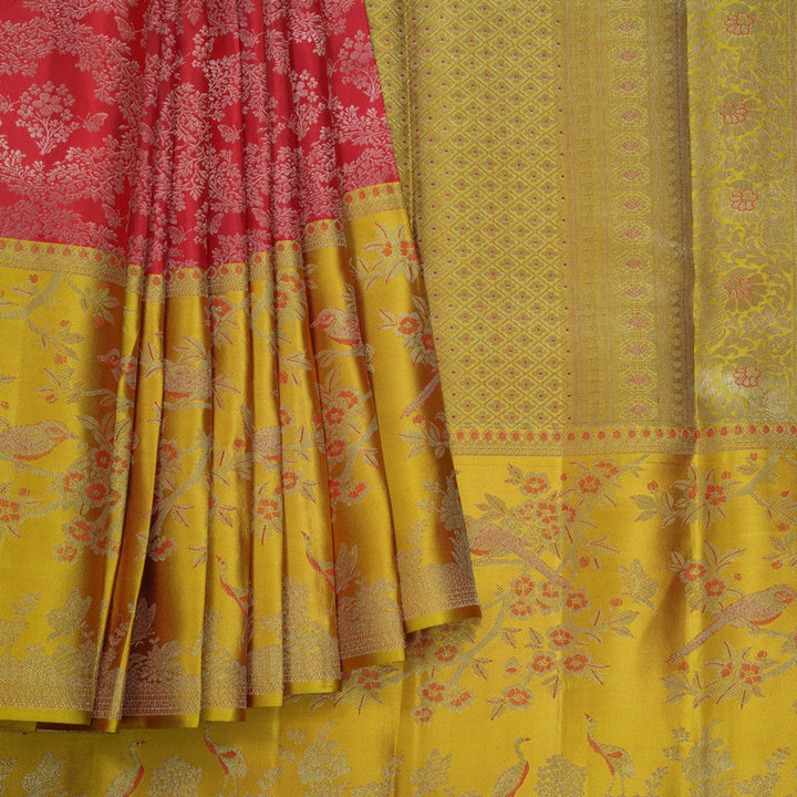 Hayagrivas Handloom Red Kanjivaram Silk Saree with Mustard Yellow Border KBF653G9-9