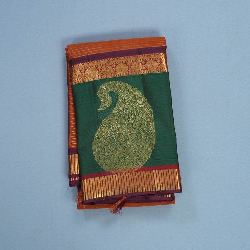 Hayagrivas Handloom Rust Orange Kanjivaram Silk Saree with Bottle Green Border KBF656G16-2