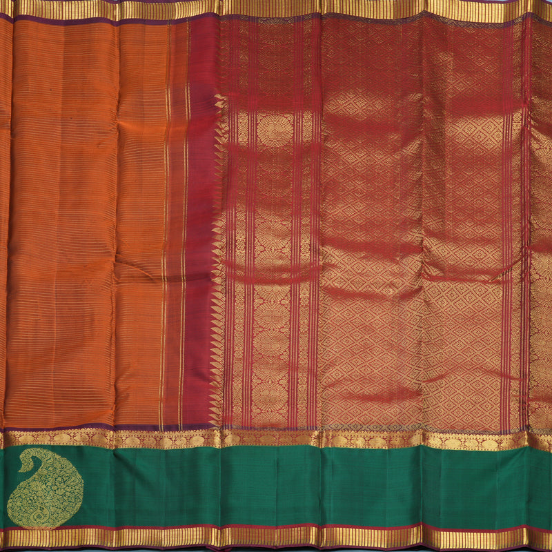 Hayagrivas Handloom Rust Orange Kanjivaram Silk Saree with Bottle Green Border KBF656G16-2
