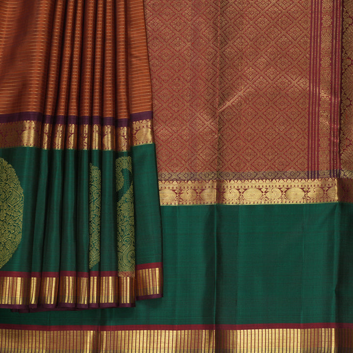 Hayagrivas Handloom Rust Orange Kanjivaram Silk Saree with Bottle Green Border KBF656G16-2
