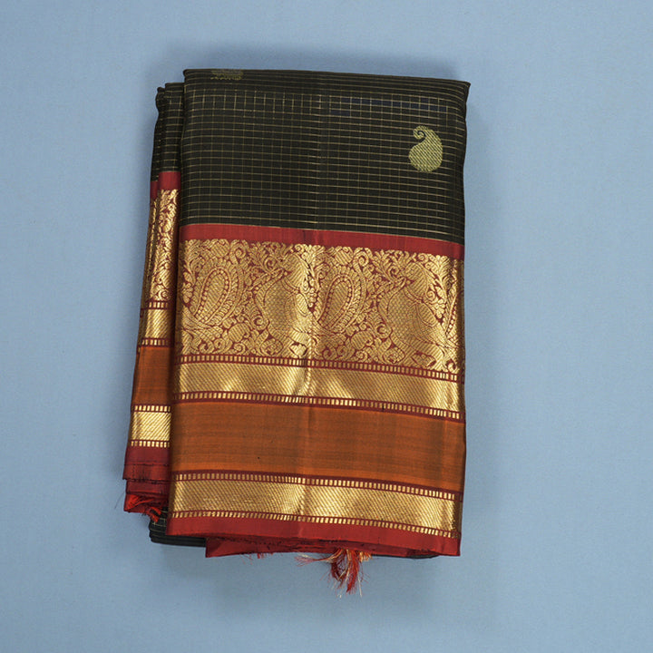 Hayagrivas Handloom Black Kanjivaram Silk Saree with Rust Orange Border KBF656G17-4
