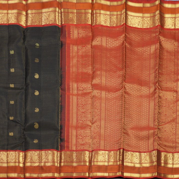 Hayagrivas Handloom Black Kanjivaram Silk Saree with Rust Orange Border KBF656G17-4