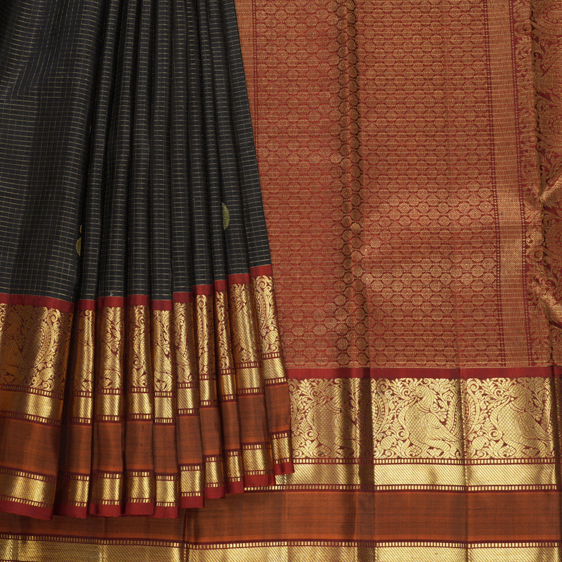 Hayagrivas Handloom Black Kanjivaram Silk Saree with Rust Orange Border KBF656G17-4