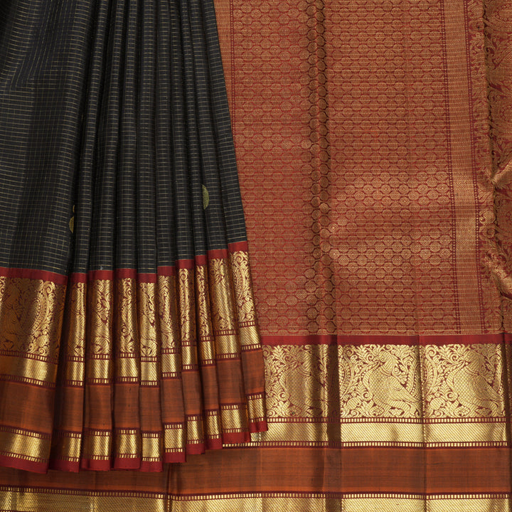 Hayagrivas Handloom Black Kanjivaram Silk Saree with Rust Orange Border KBF656G17-4