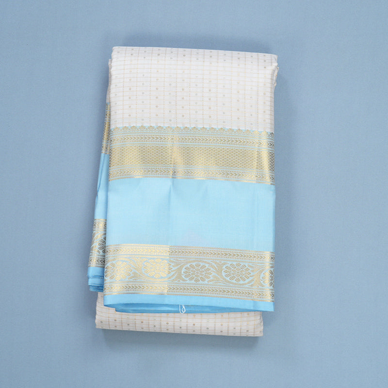 Hayagrivas Handloom Milk-White Kanjivaram Silk Saree with Powder Blue Border KBF656G19-6