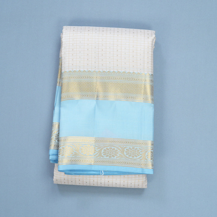 Hayagrivas Handloom Milk-White Kanjivaram Silk Saree with Powder Blue Border KBF656G19-6