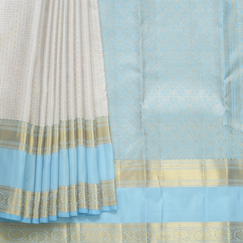 Hayagrivas Handloom Milk-White Kanjivaram Silk Saree with Powder Blue Border KBF656G19-6
