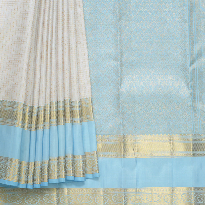 Hayagrivas Handloom Milk-White Kanjivaram Silk Saree with Powder Blue Border KBF656G19-6