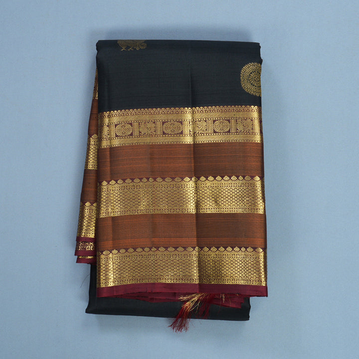 Hayagrivas Handloom Black Kanjivaram Silk Saree with Rust Orange Border KBF656G9-4