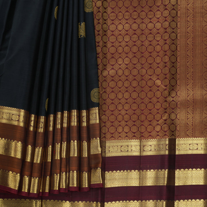 Hayagrivas Handloom Black Kanjivaram Silk Saree with Rust Orange Border KBF656G9-4