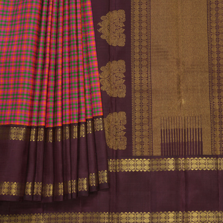 Hayagrivas Handloom Multicolour Checks Kanjivaram Silk Saree with Wine Maroon Border KBF659G1-1