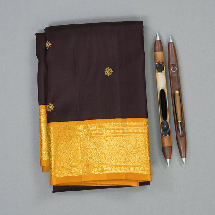 Hayagrivas Handloom Kanchana Brown Kanjivaram Silk Saree with Mustard Border KBF65D3-4