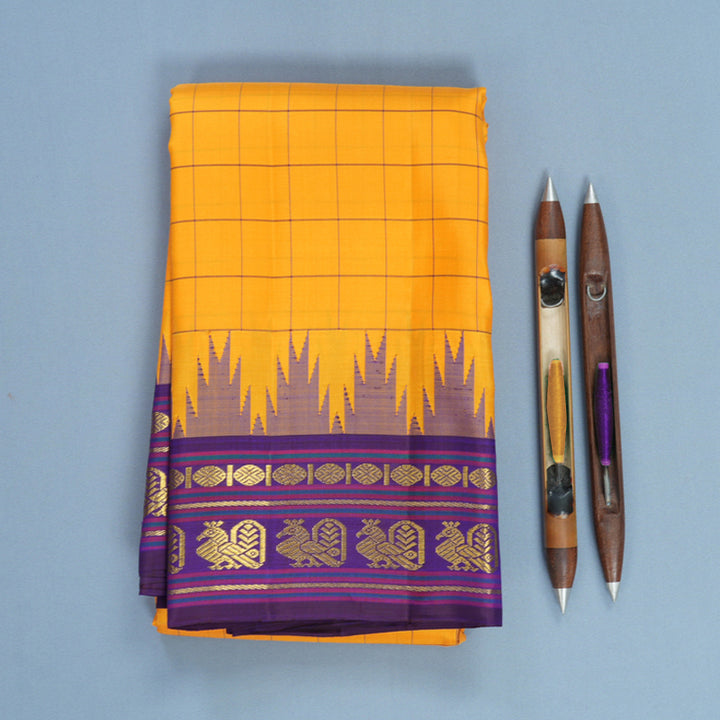 Hayagrivas Handloom Yellow Kanjivaram Silk Saree with Purple Border KBF660G1-1