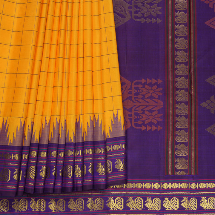 Hayagrivas Handloom Yellow Kanjivaram Silk Saree with Purple Border KBF660G1-1