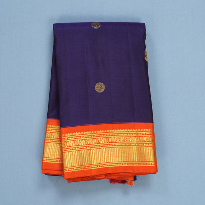 Hayagrivas Handloom Ink Blue Kanjivaram Silk Saree with Orange Border KBF665G4-1