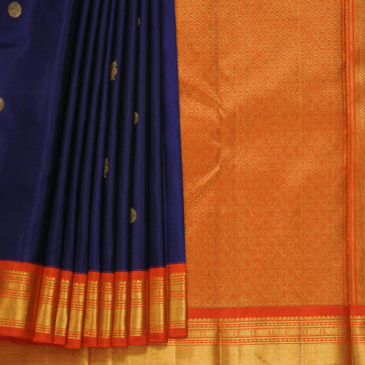 Hayagrivas Handloom Ink Blue Kanjivaram Silk Saree with Orange Border KBF665G4-1