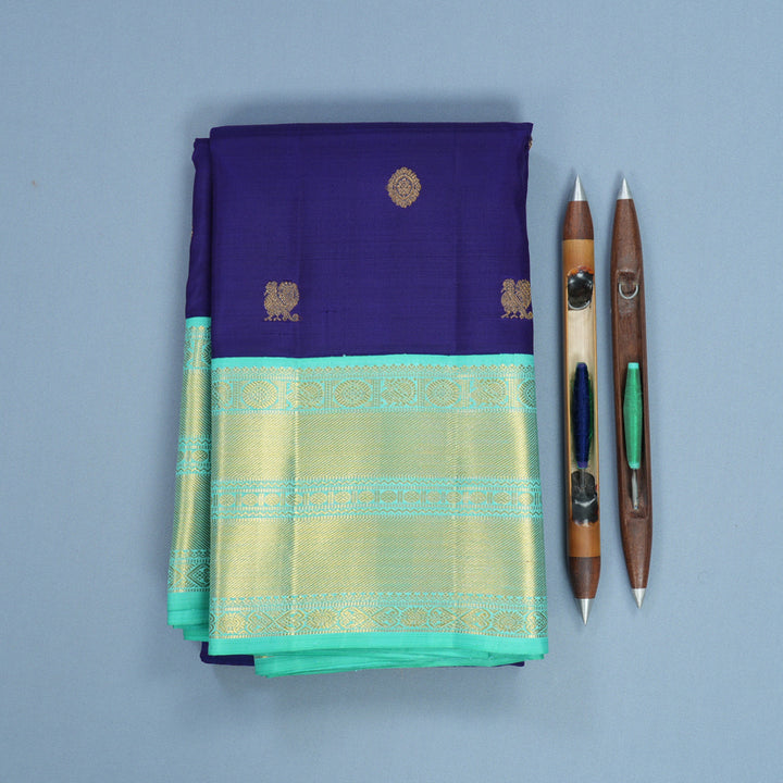 Hayagrivas Handloom Royal Blue Kanjivaram Silk Saree with Aqua Green Border KBF666G2-1