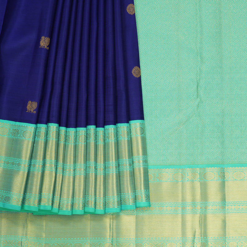 Hayagrivas Handloom Royal Blue Kanjivaram Silk Saree with Aqua Green Border KBF666G2-1