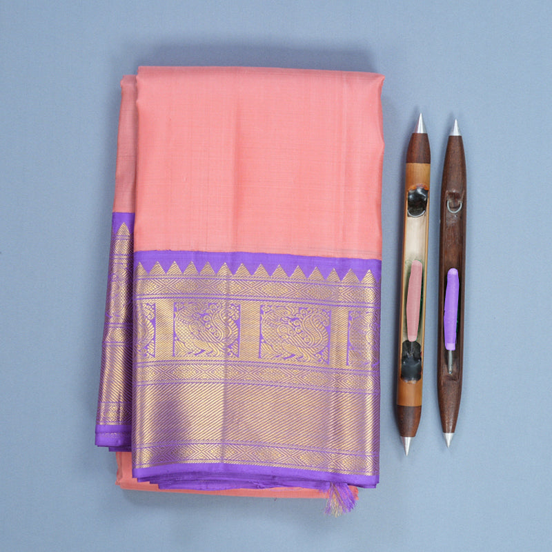 Hayagrivas Handloom Peach Pink Kanjivaram Silk Saree with Lavender Border KBF666G3-4