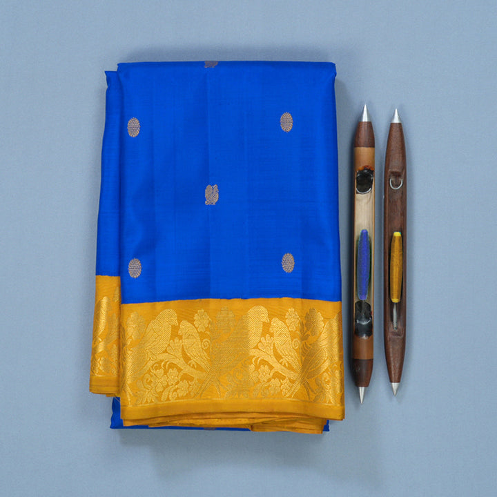 Hayagrivas Handloom MS Blue Kanjivaram Silk Saree with Mustard Yellow Border KBF666G4-1