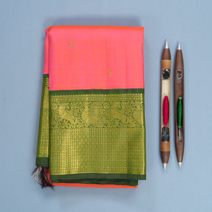 Hayagrivas Handloom Bright Pink Kanjivaram Silk Saree with Mehandi Green Border KBF668G2-2