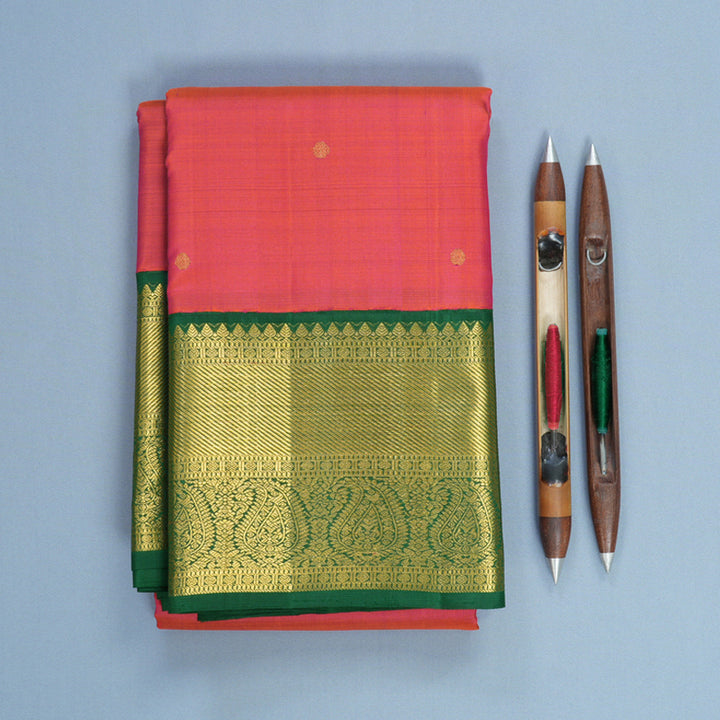 Hayagrivas Handloom Orangish-Pink Kanjivaram Silk Saree with Dark Green Border KBF668G2-3