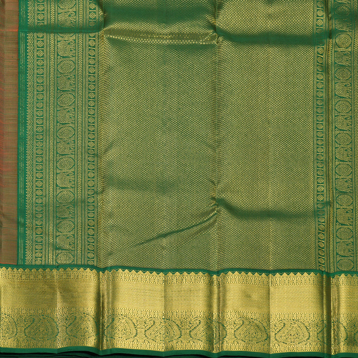 Hayagrivas Handloom Orangish-Pink Kanjivaram Silk Saree with Dark Green Border KBF668G2-3