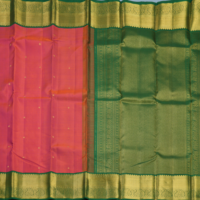 Hayagrivas Handloom Orangish-Pink Kanjivaram Silk Saree with Dark Green Border KBF668G2-3