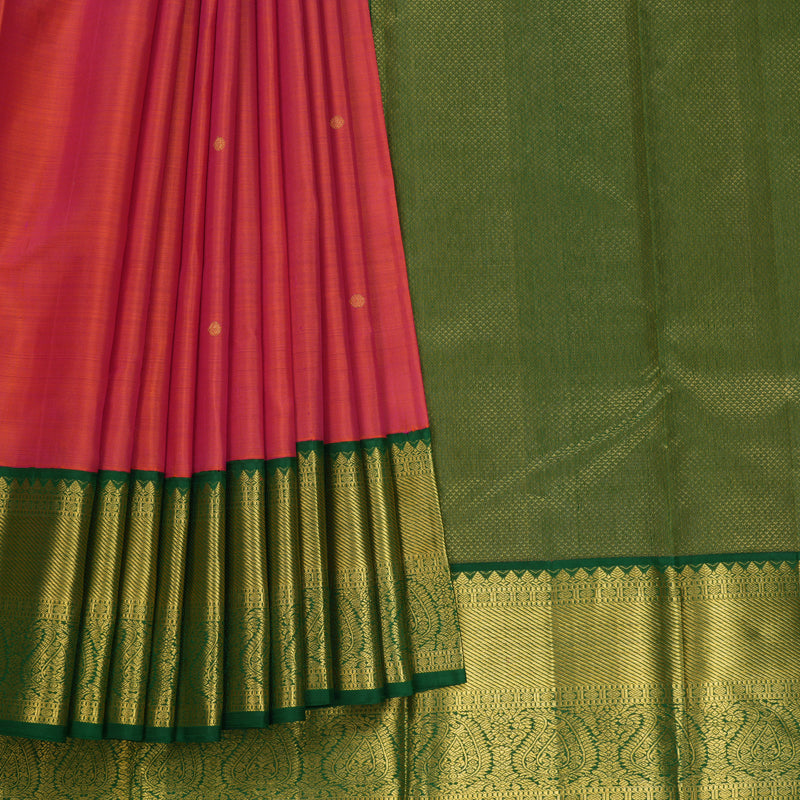 Hayagrivas Handloom Orangish-Pink Kanjivaram Silk Saree with Dark Green Border KBF668G2-3