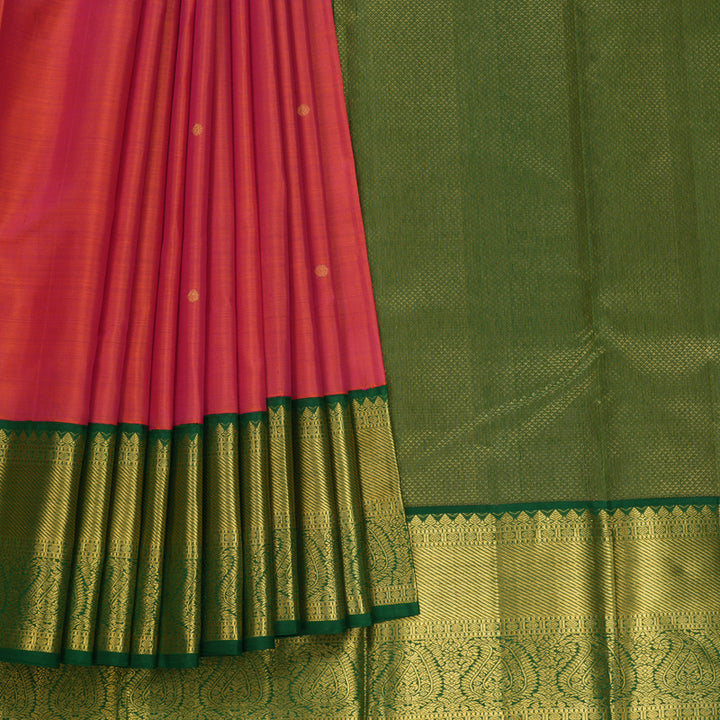 Hayagrivas Handloom Orangish-Pink Kanjivaram Silk Saree with Dark Green Border KBF668G2-3
