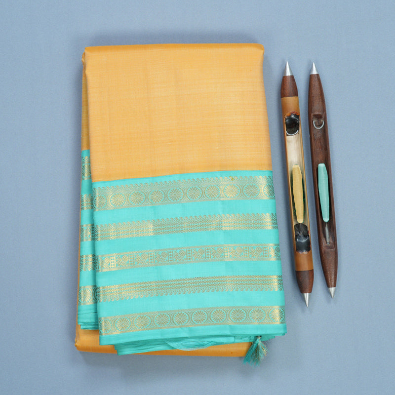 Hayagrivas Handloom Mild Yellow Kanjivaram Silk Saree with Sea Blue Border KBF668G3-1