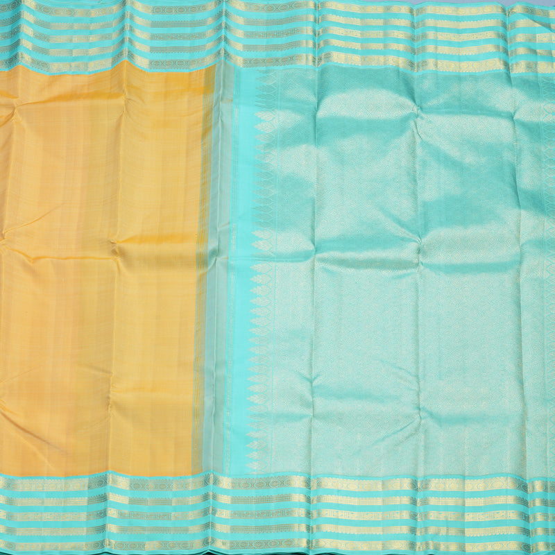 Hayagrivas Handloom Mild Yellow Kanjivaram Silk Saree with Sea Blue Border KBF668G3-1