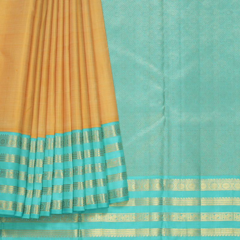Hayagrivas Handloom Mild Yellow Kanjivaram Silk Saree with Sea Blue Border KBF668G3-1