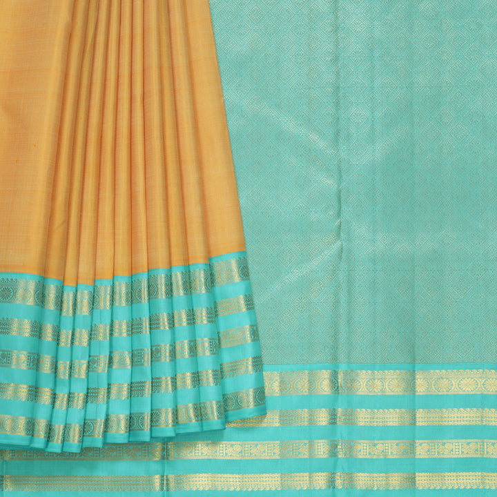 Hayagrivas Handloom Mild Yellow Kanjivaram Silk Saree with Sea Blue Border KBF668G3-1