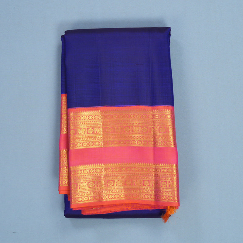 Hayagrivas Handloom Ink Blue Kanjivaram Silk Saree with Orangish-Pink Border KBF668G3-3