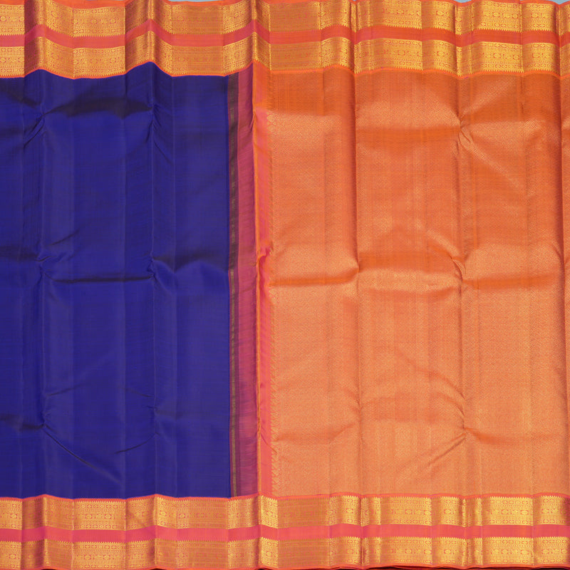Hayagrivas Handloom Ink Blue Kanjivaram Silk Saree with Orangish-Pink Border KBF668G3-3