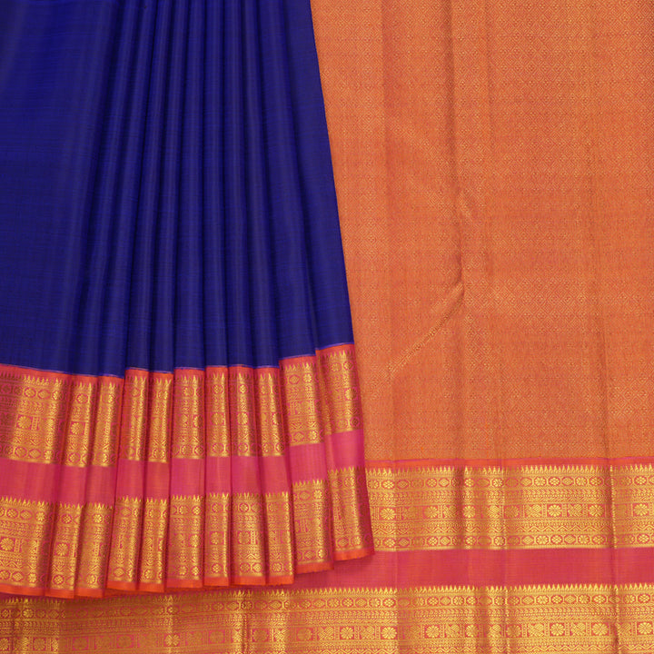 Hayagrivas Handloom Ink Blue Kanjivaram Silk Saree with Orangish-Pink Border KBF668G3-3